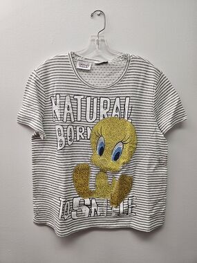 Warner Bros. Tweety Striped Tee - White, Black & Yellow